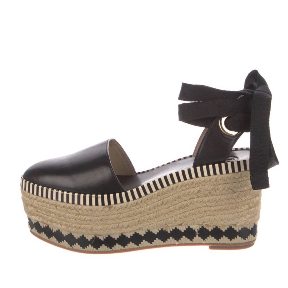 Tory Burch Black and Tan Espadrille Wedges